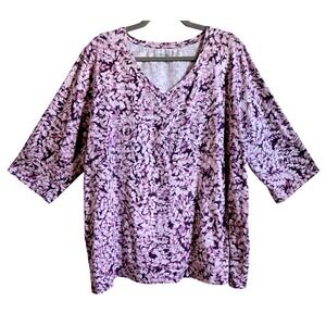 Catherines Womens 2X 22/24W Purple Pink Leaf Print V-Neck 3/4 Sleeve Knit Top